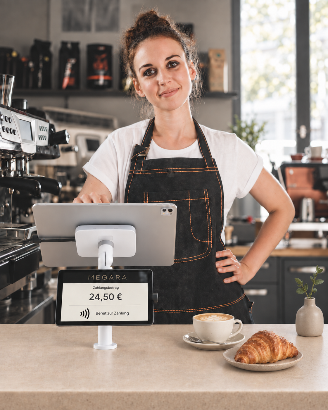 Smiling café staff member at a light stone counter with a slim MEGARA checkout, customer display, cappuccino and croissant