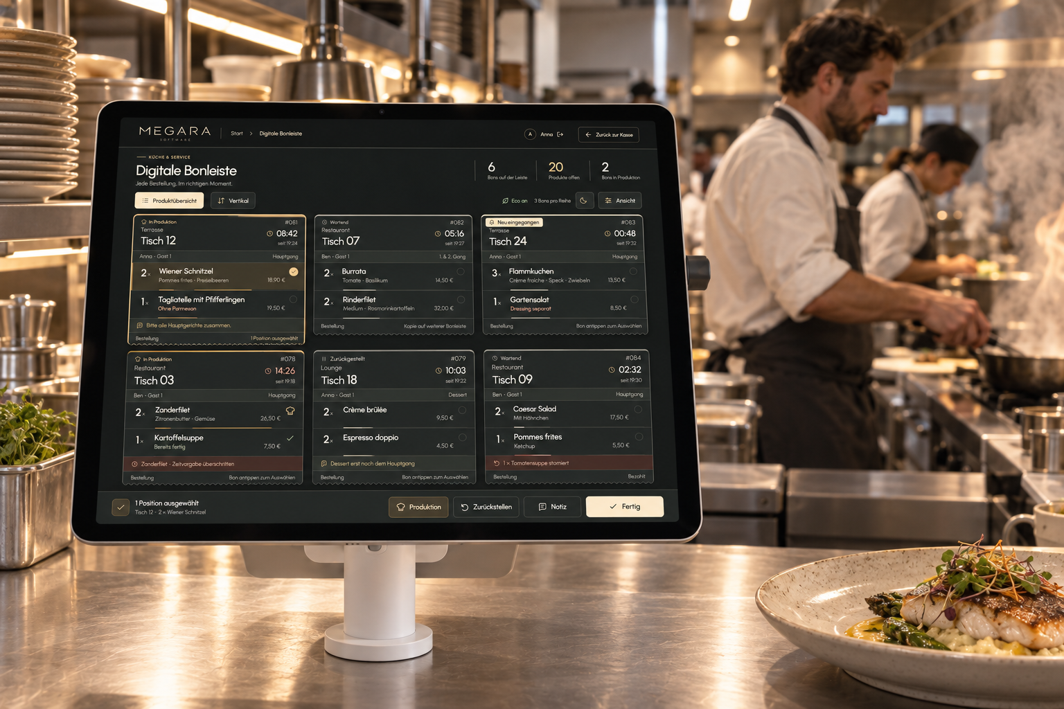 Digitale Megara-Bonleiste an der Ausgabe einer Restaurantküche