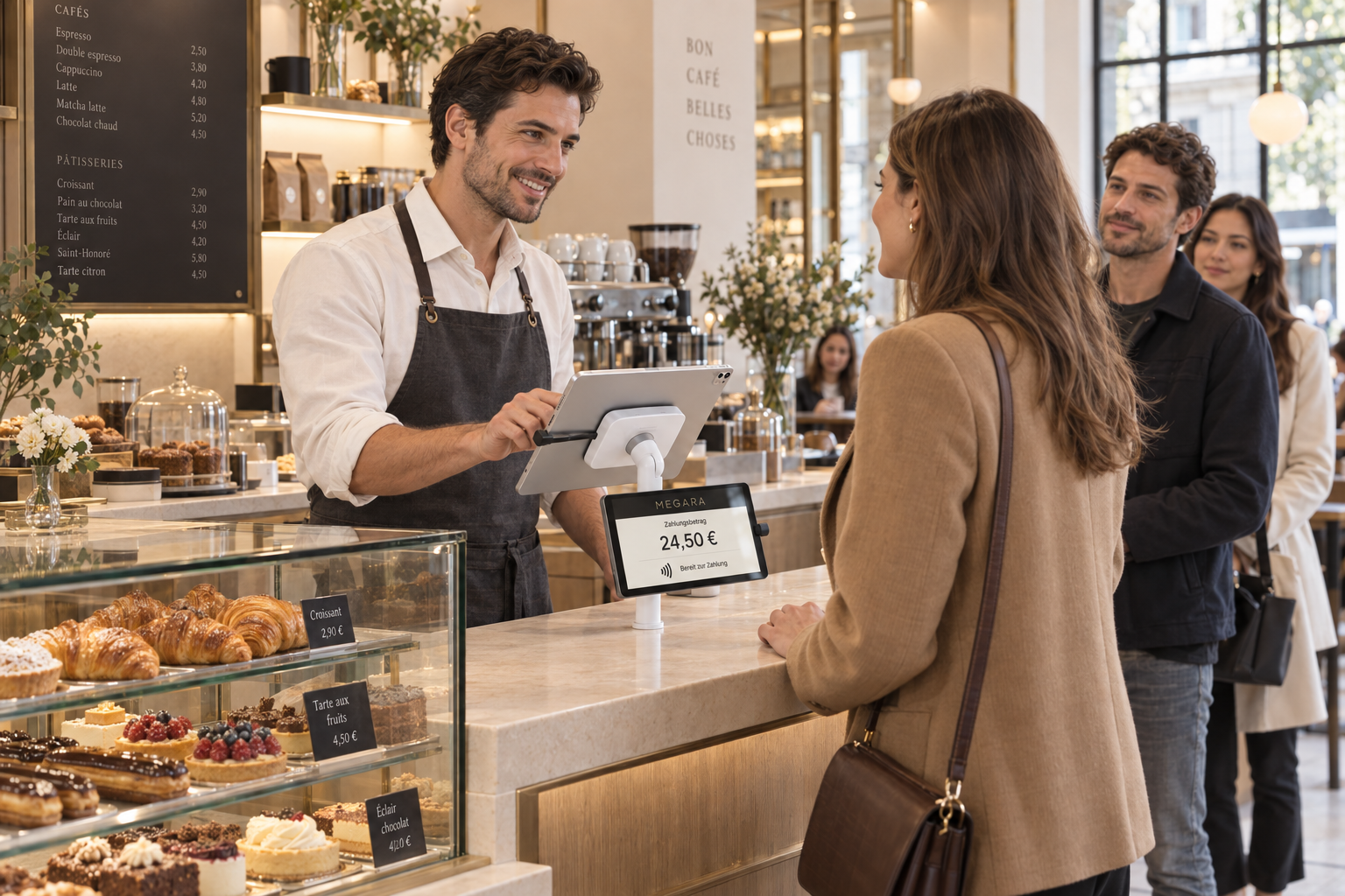 Personal service at a pastry counter with a Megara till and customer display