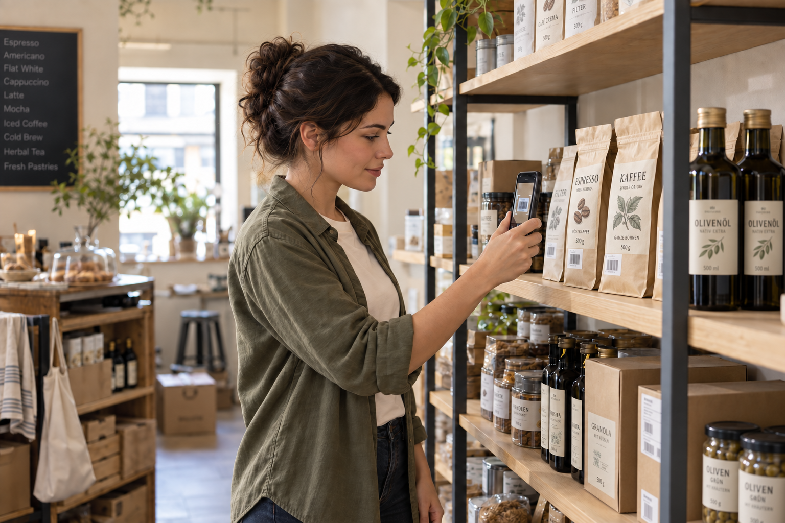 Team member recording products with a smartphone camera during stocktaking