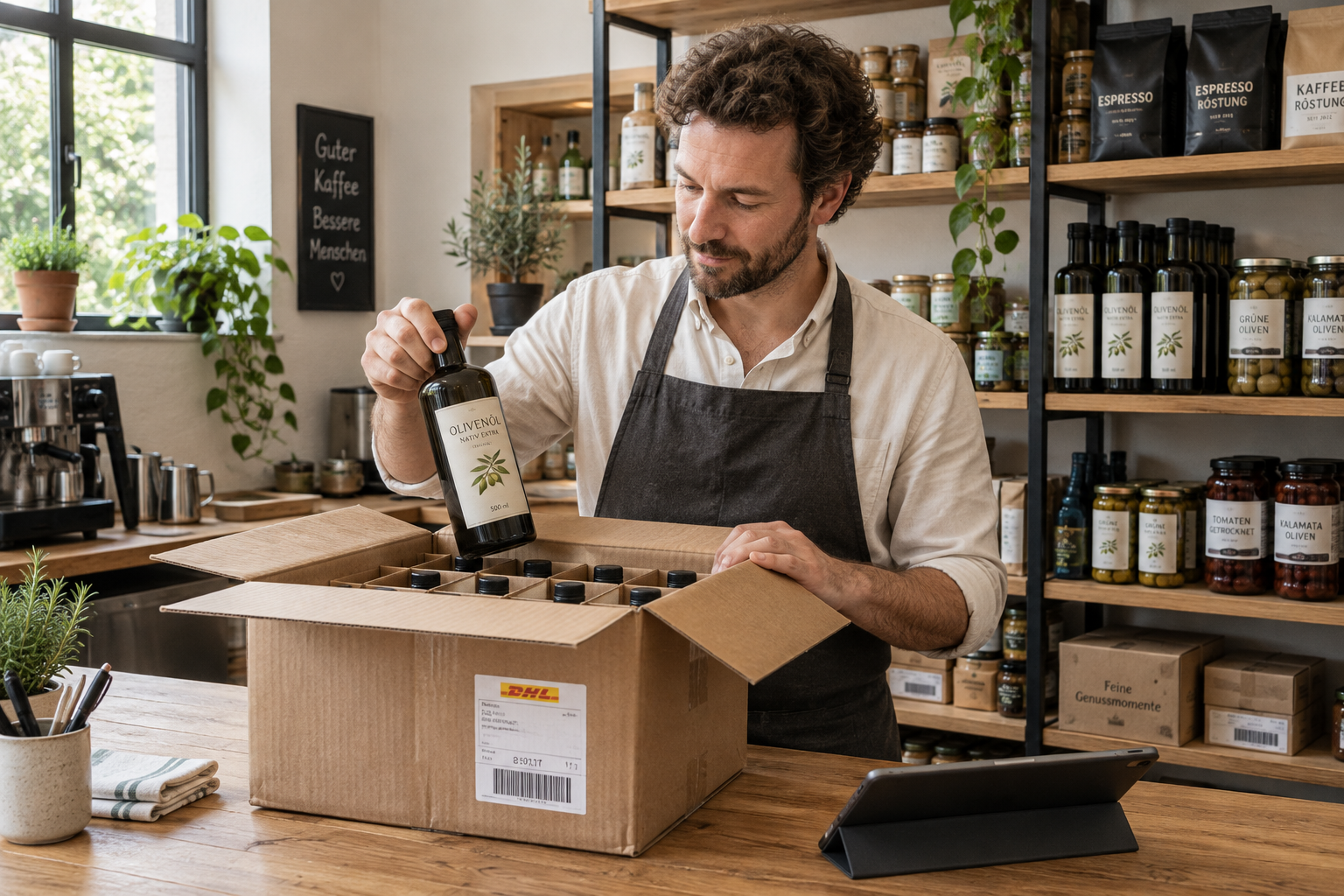 Employee unpacks olive oil bottles from a lightly worn shipping carton with a DHL label and dividers, beside an iPad facing him at a low angle in its folding cover